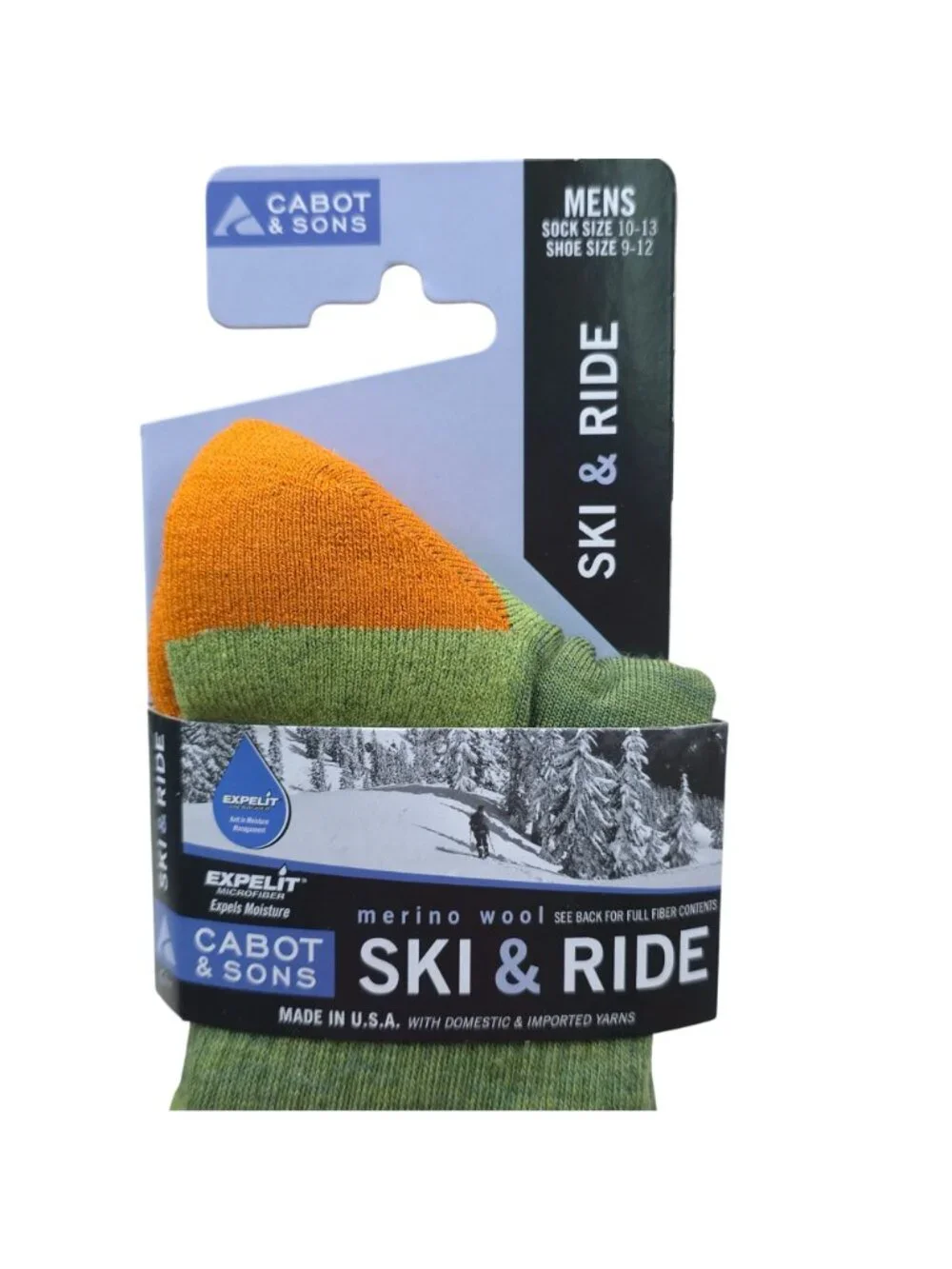Cabot & Sons Mens Merino Wool Ski & Ride Socks Green/Orange Size 10-13 Shoe 9-12